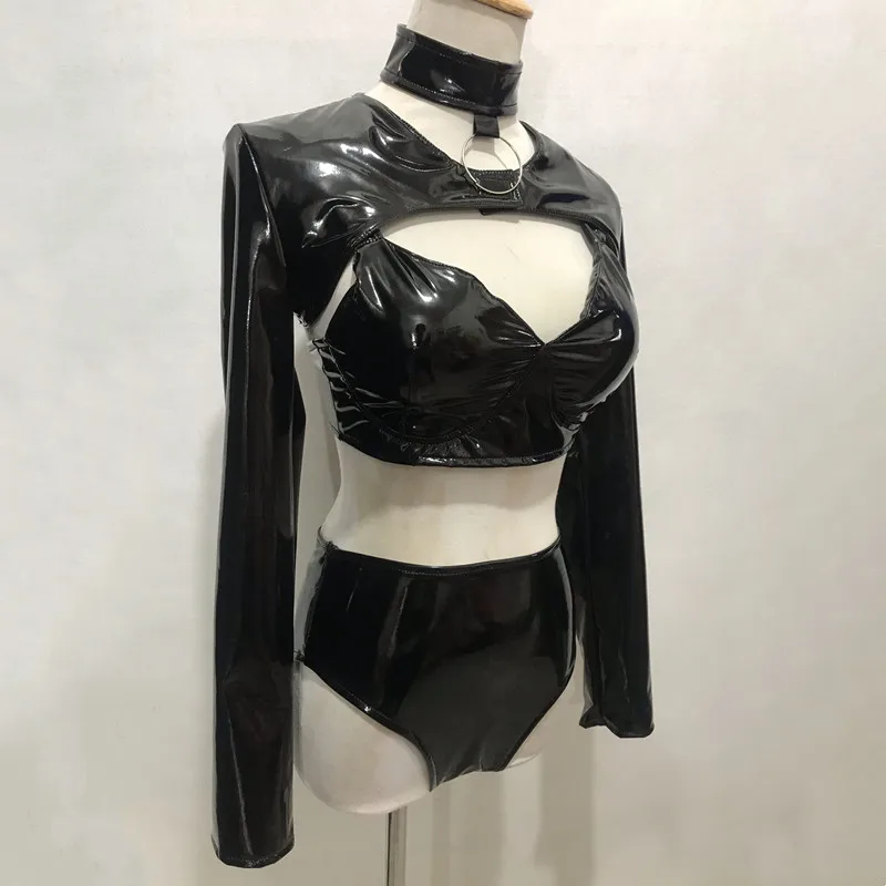 セクシーなナイトクラブバーのゴーゴーダンサーのステージ衣装、女性用黒PUレザービキニダンス衣装、レッドレーザージャズチームパーティーパフォーマンスコスチューム