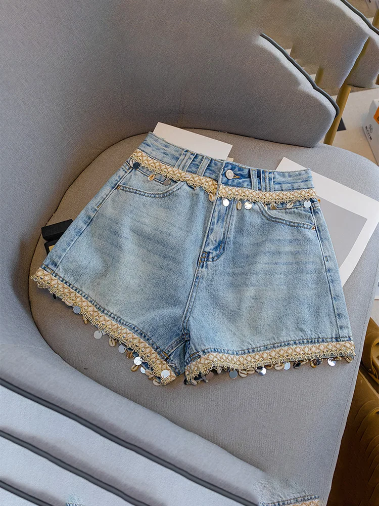 

Faionable ell Tassel Design High Waist Denim orts A-Line Slimming Versatile Hot Pants Summer Casual Wide Leg Pants