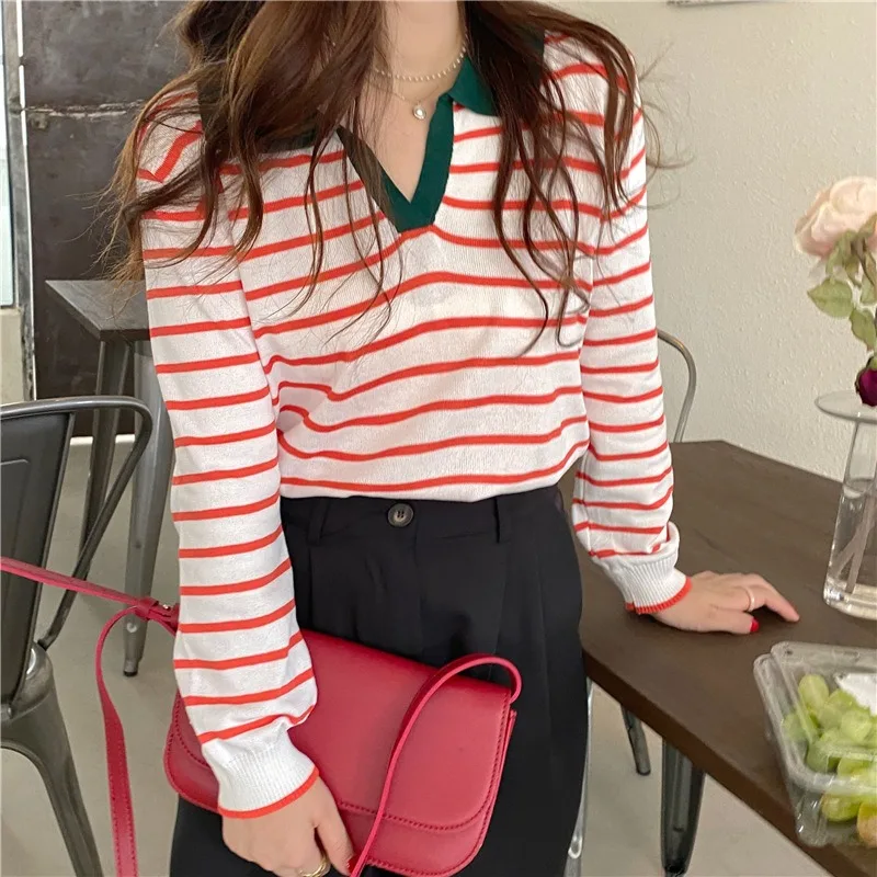 Striped V-neck Pullover Polo Sweater Women's Early Autumn Casual All-match Tops Long-sleeved Knitted Bottoming Sweaters Jumpers