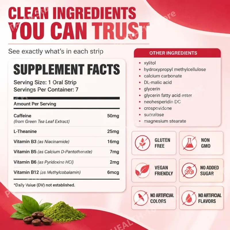 Docteat Energy Support Oral Strips with Caffeine L-Theanine Vitamin B3 B6 B12 Fast Dissolving Daily Nutrition Supplement 7 Count