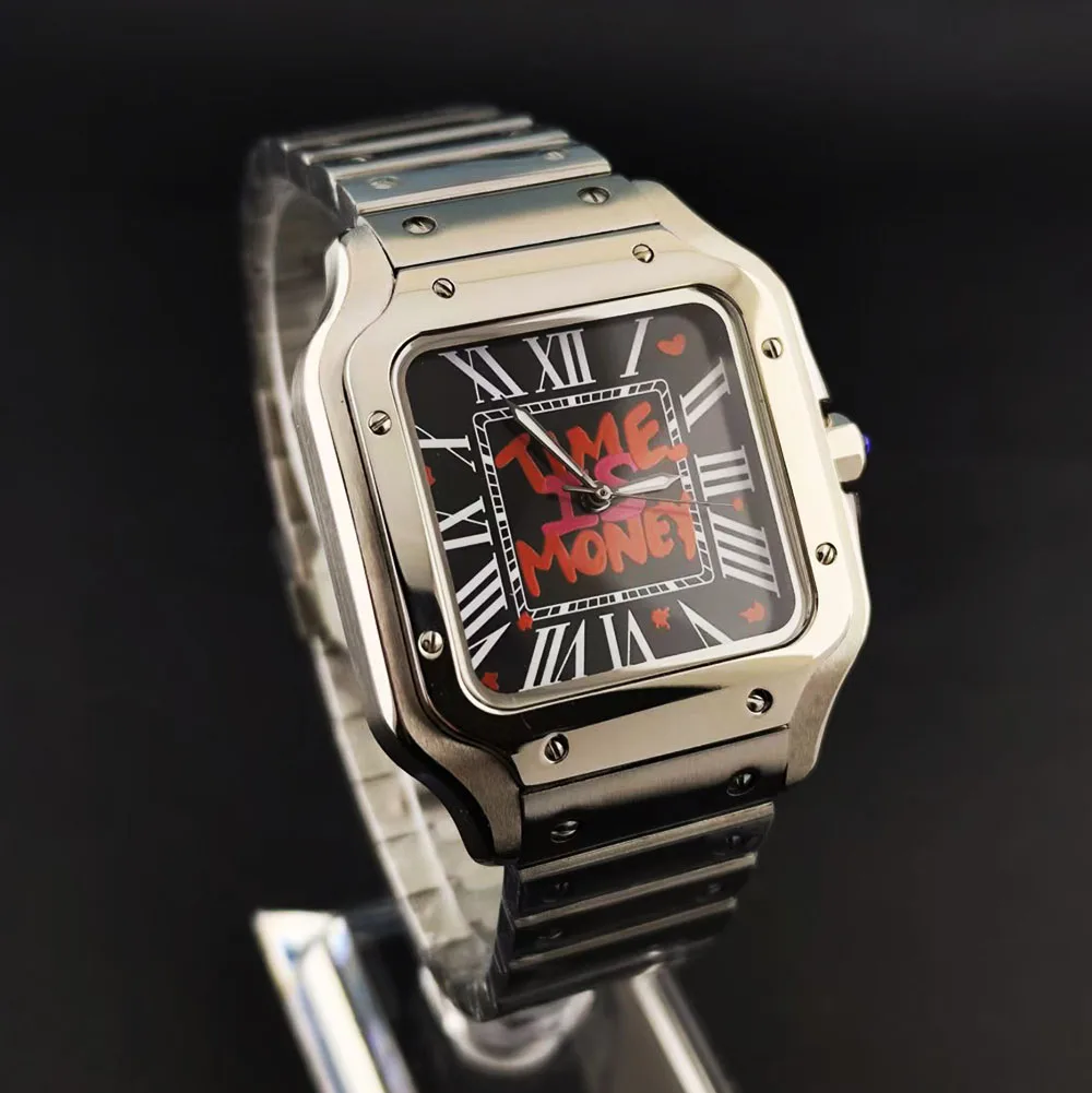 ساعة NH35 وقت المال ساعة فضية/أسود للرجال ساعة أوتوماتيكية من الفولاذ المقاوم للصدأ زجاج الياقوت NH35 ساعة يد تعمل بالحركة