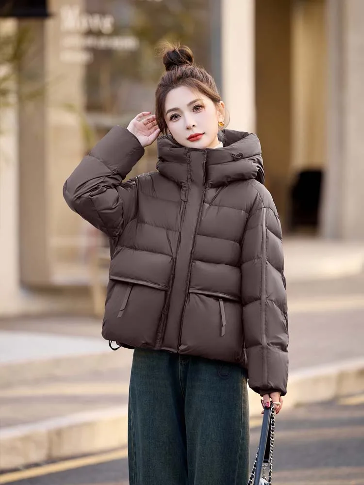 Bolsos quentes jaqueta com capuz feminino 2025 inverno retalhos curto puffer casaco oversize cor sólida outerwear inkeo dj531