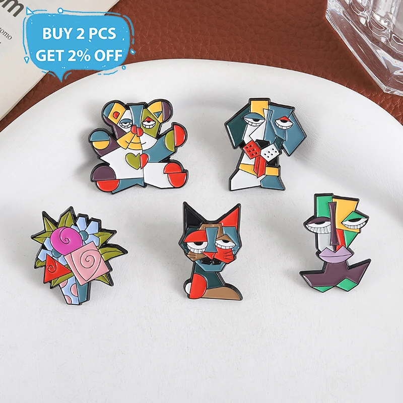 Color Block Stitching Cat Enamel Pins Picasso Abstract Paintings Brooches Lapel Badge Backpack Clothes Jewelry Gift for Friends