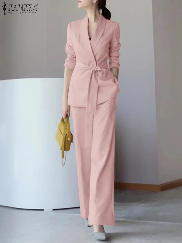 ZANZEA Elegant Women Pant Suits Elastic Waist Trouser Belted Blazer Korean Fashion Office Lady 2-Piece Sets Autumn 2pcs Outfits