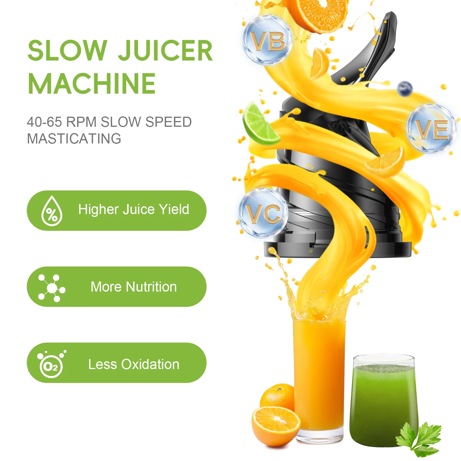 BioloMix Cold Press Juicer,with 130mm Feed Chute,Fit Whole Fruits & Vegetables,High Juice Yield,BPA FREE Slow Masticating Juicer