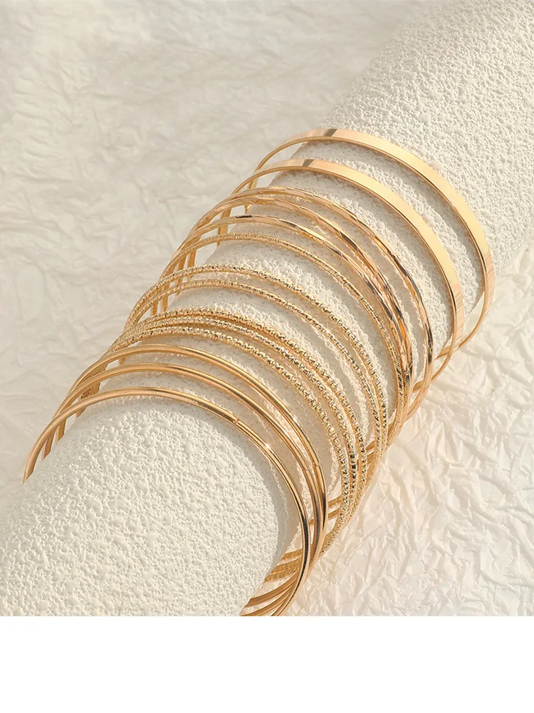 Classic 14pcs Set Gold Bangles for Women Smooth Stainless Steel Fashion Accessories Gift