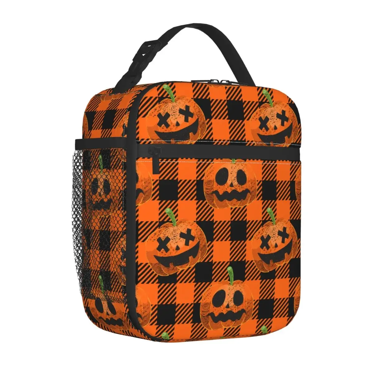 Halloween Pumpkins Plaid Insulated Lunch Bags Large Meal Container Thermal Bag Tote Lunch Box School Travel Bento Pouch