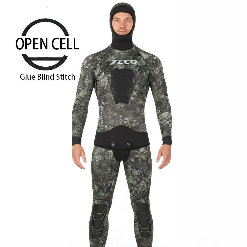Spearfishing Open Cell  Hooded Wetsuit 3.5mm 5MM  7MM CR Neoprene  Blind Seam Camouflage Two-piece  Diving Suit
