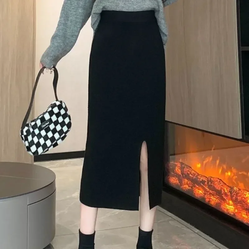 Gestrickte Midi-Röcke für Damen, Herbst und Winter, Seitenschlitz, A-Linie, Faldas, hohe Taille, einfach, Allgleiches, tägliches Temperament, attraktiv, Ulzzang 2024