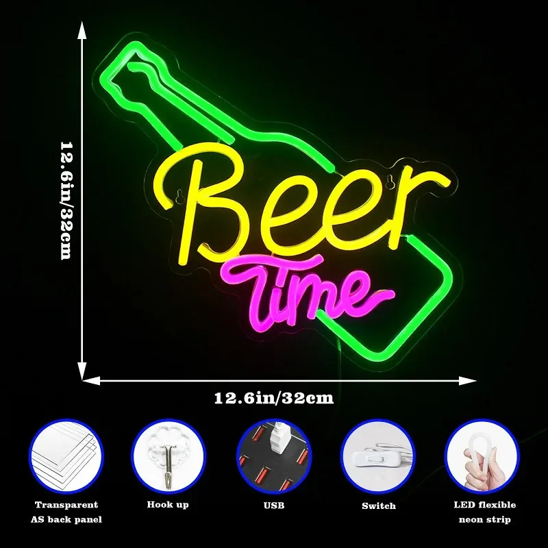 USB Powered Beer Time Led Neon Sign Shop Bar Restaurant Hotel Party Decorative Light Neon Bedroom Wall Kitchen  Decor Night Ligh