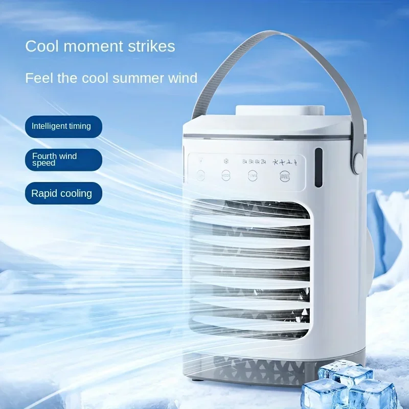 Portable mini air conditioner with 4-speed cooling fan, humidifier and remote control – USB powered, suitable for home and offic