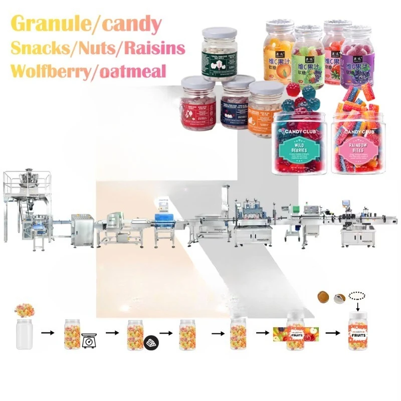 Línea de llenado automático de gránulos, aperitivos embotellados, embalaje de alimentos, dulces, nueces, aperitivos, pasas, frutas secas, almendras, ciruelas, Goji, WolfBerry