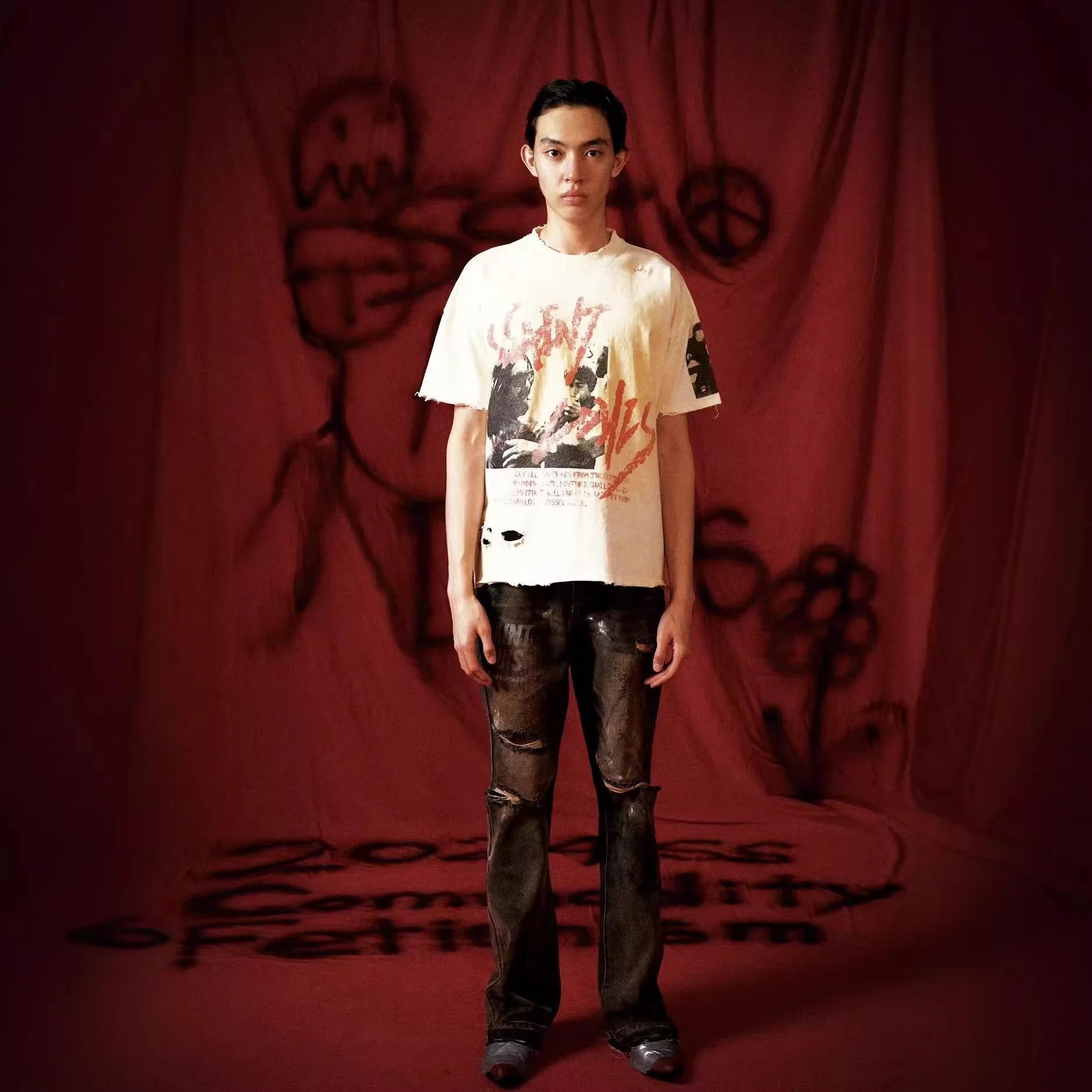 SSSAINT LOUIS 26SS Rock American Retro Round-neck Drop-shoulder Washed Antique Short Sleeve T-shirt