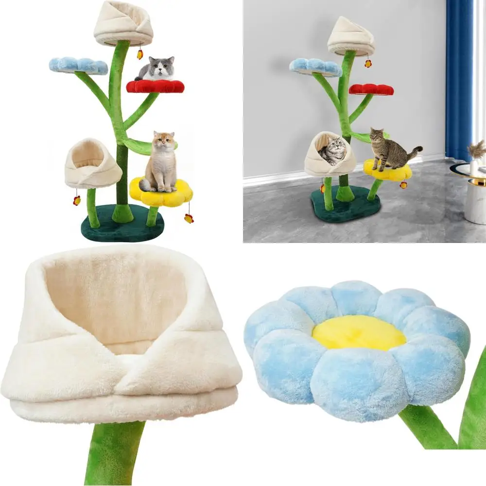 شجرة قطط متعددة المستويات مع أعمدة خدش وإطار تسلق وألعاب ملونة