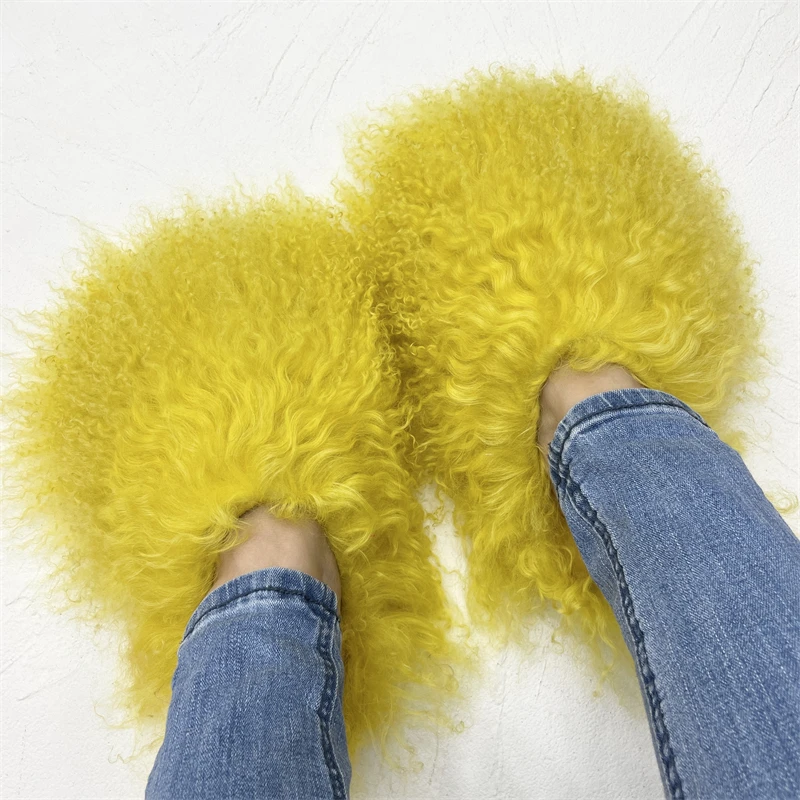 Women's Fashion Soft Home Fluffy Fuzzy Shoes Sheep Skin Fur Slides Mongolian Fur Slippers