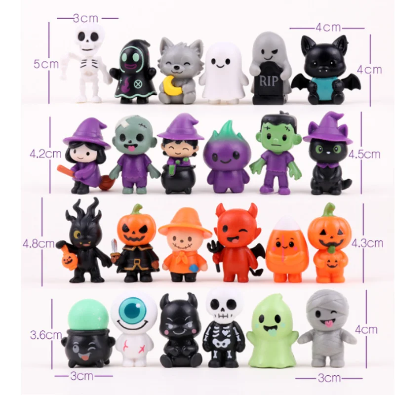 24Pcs Cute Mini Halloween Pumpkin  Resin Statues Witch Devil Figure Model Statue Collection Desktop Decoration Ornament Toys Gif