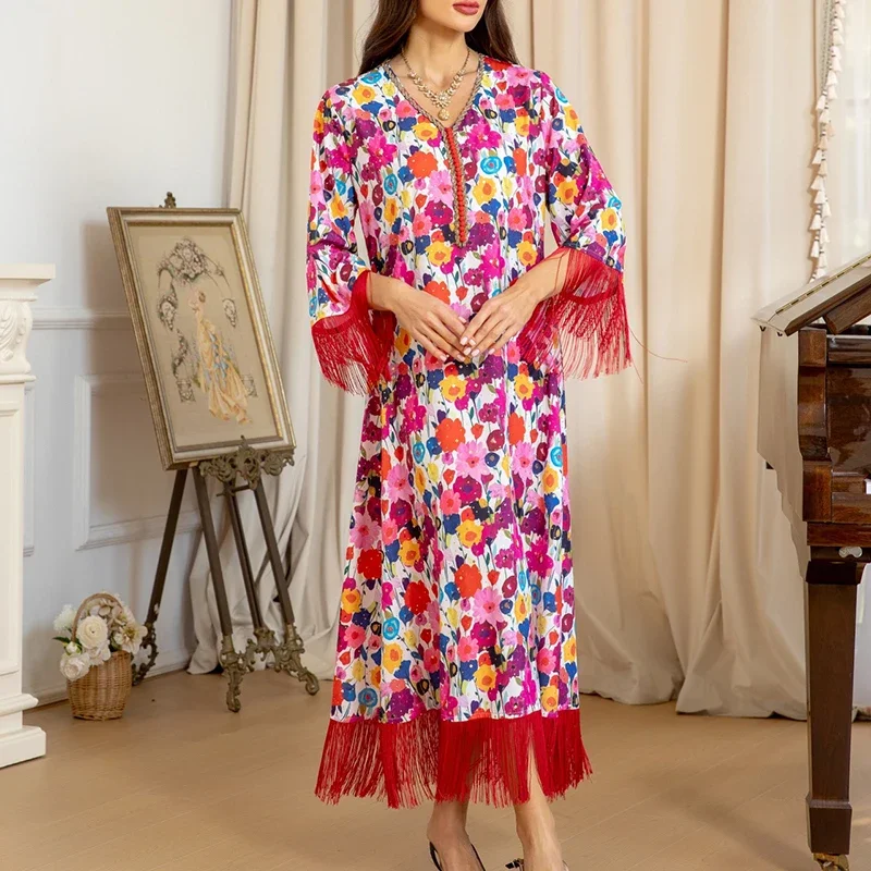 

Muslim Vintage Floral Printed Tassel Hem Loose Robes Casual V Neck Long Sleeve Draped Dress Women New Vestidos Long Dress
