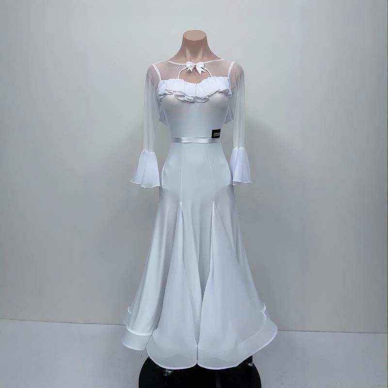Customized Size Ballroom Dance Clothes Fairy White Dress Large Fish Bone Hem Long Dresses Waltz Dance Perform Practice Clothing