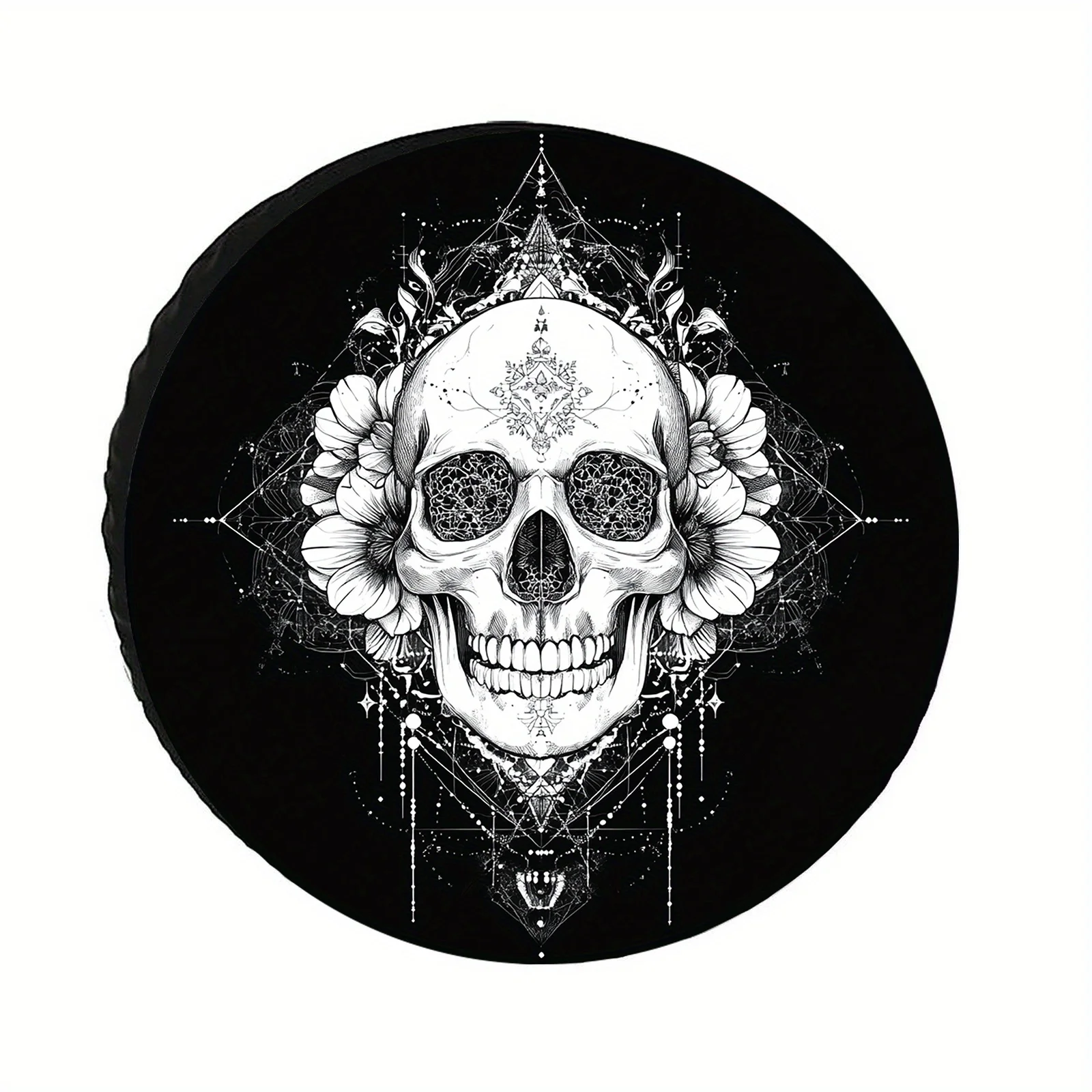 The Geometric Floral Skull Tire Cover, Featuring Black And Art For A Stylish Look, Fits 28 To 34 Inches And Is Durable And Resis
