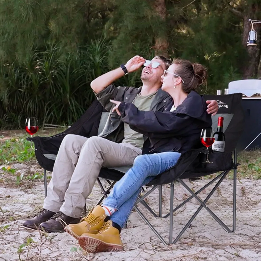 Sedia da campeggio pieghevole oversize per 2 persone, doppio divanetto resistente con portabicchieri per attività all'aperto