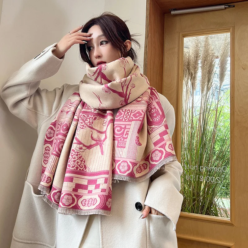 Pink Jacquard Cashmere Blend Scarf Luxury Winter Bufanda Women Plus Size Scarves Echarpes De Luxe Pour Femme Warm Pashmina