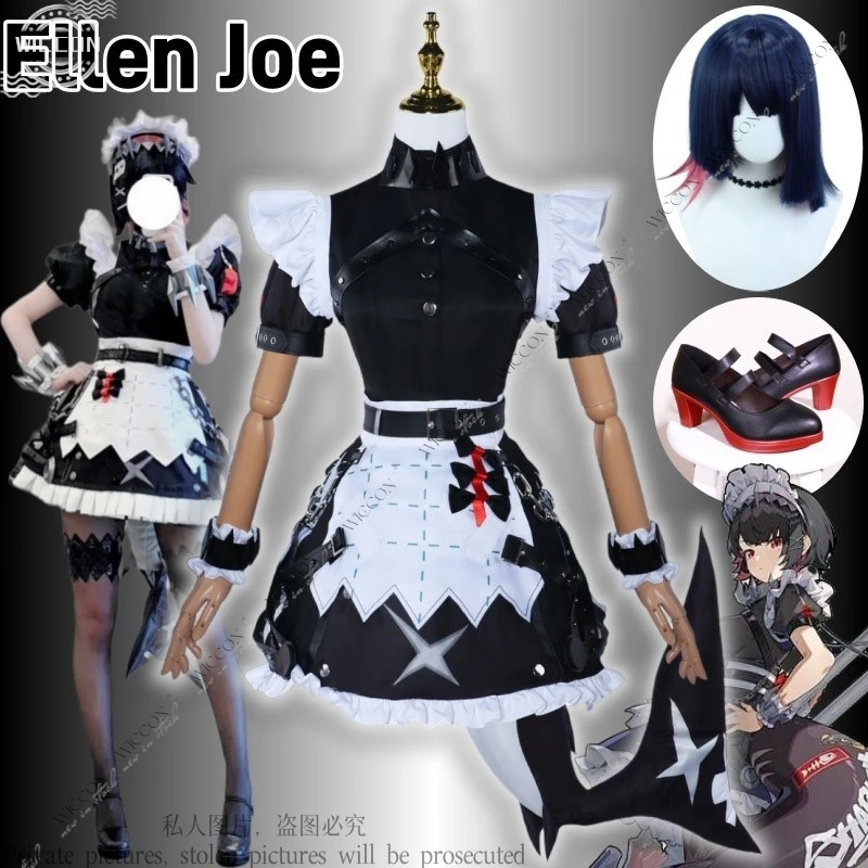 Ellen Joe Zenless Zone Zero-Disfraz de Cosplay, peluca, zapatos de cola, disfraz de sirvienta de tiburón, economía casera victoriana, juego de rol para Halloween