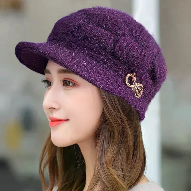 Winter Warm Hat Knitted Hat Casual Fashion Mom Cap Grandmother Hat Plush Thickened Fleece-Lined Warm Wool Christmas Gift