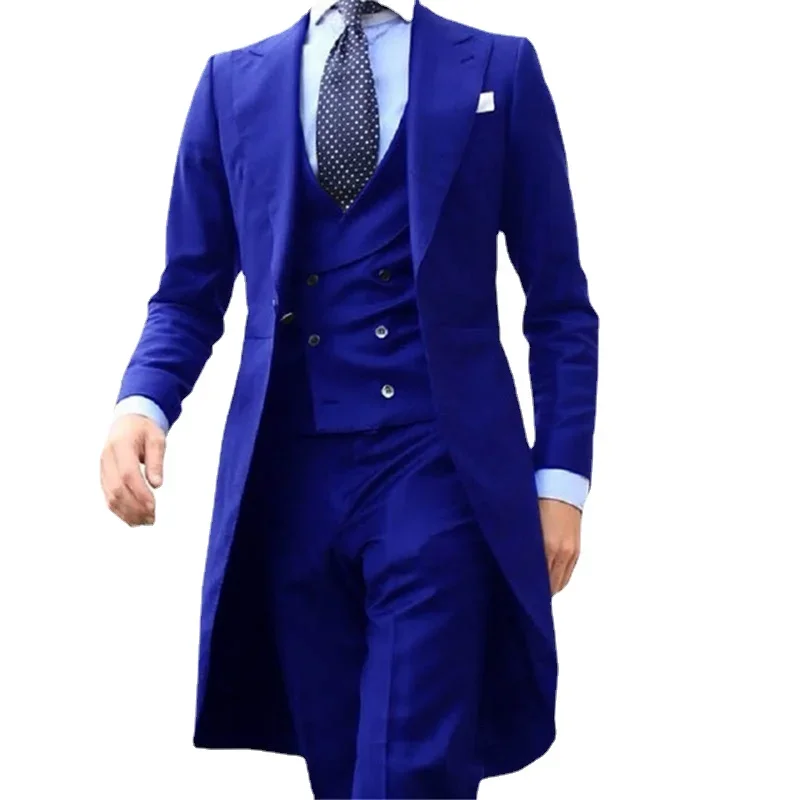 

Royal Blue Formal Men Suits 3 Piece Long Tail Coat Waistcoat With Pants Peaked Lapel Custom Made Male Fashion Costume 2024