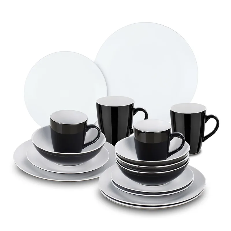 vancasso LENTO 16-Piece Matte Black & White Stoneware Crockery Tableware Set with Dinner Plate,Dessert Plate,Bowl,Mug