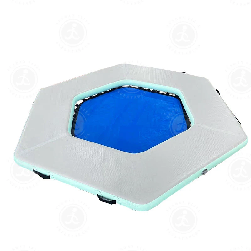 

2023 Hot Sale Hexagon Inflatable Water Hammock Floating Platform Swimming Pool Mat With Mesh Dog Ramp