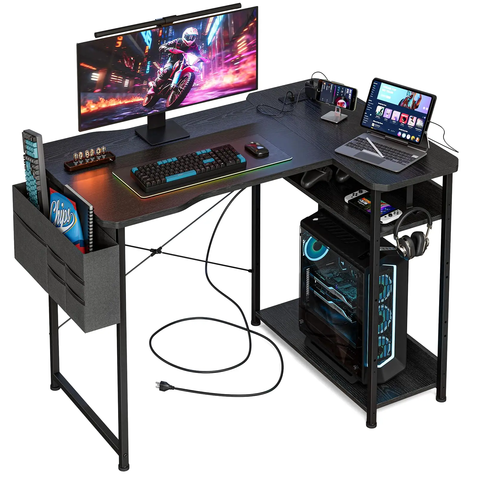 

！@Combohome Small Gaming Desk with Power Outlets, 40 Inch L Shaped Desks with Reversible Shelves and Storage Bag-Black