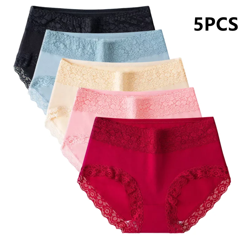 5Pcs Women\'s Underwear High Waist Panties Soft Cotton Seamless Sexy Lace Women Comfort Body Shaper Female Breathable Lingerie