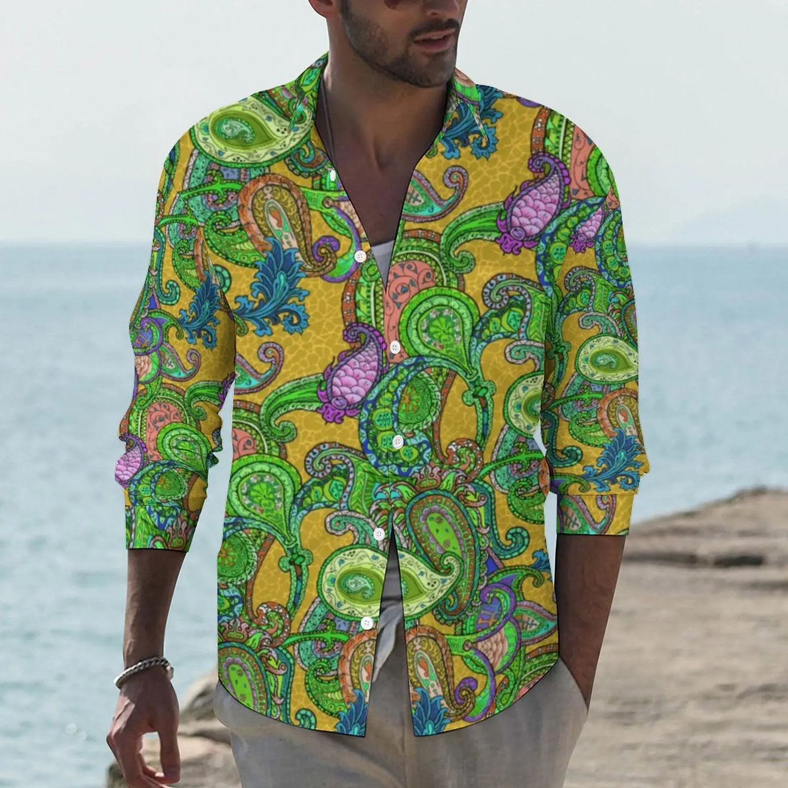 

Green Paisley Print Shirt Men Vintage Floral Casual Shirts Spring Harajuku Graphic Blouses Long Sleeve Trendy Oversize Clothing