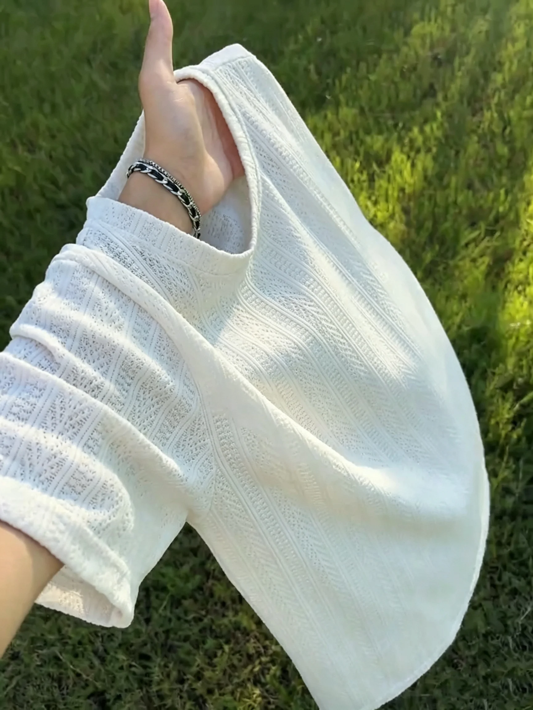 Cooling Ice Silk Knitted T-Shirt Men's Short Sleeve Hollow out Half Sleeve Breathable Summer T-Shirt Wheat Spike Stripe Pattern