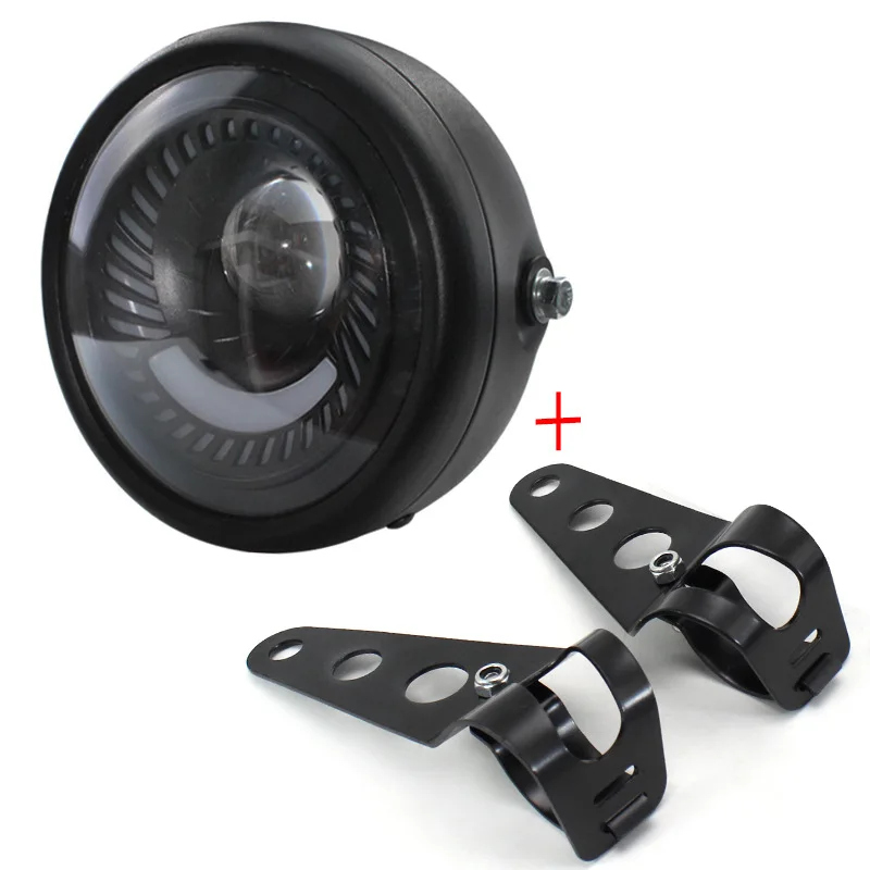 motorcycle-parts-headlight-12v-65''-hi-lo-beam-led-round-head-lamp-w-31-41mm-mount-bracket-cafe-racer-old-school-bobber