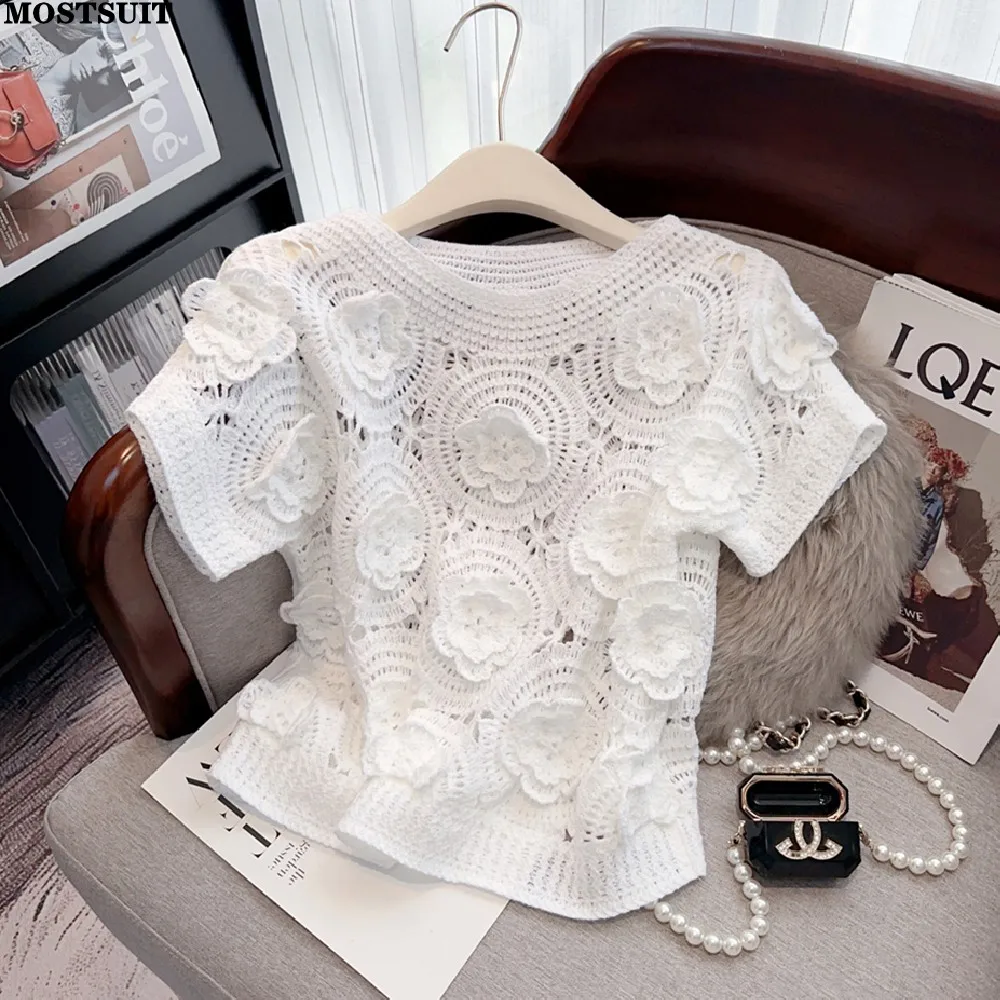 Crochet Sweater Pullover For Women 2024 Summer Stereo Flower Hollow Knit Tops Knitwear Elegant Stylish Vintage Ladies Jumpers