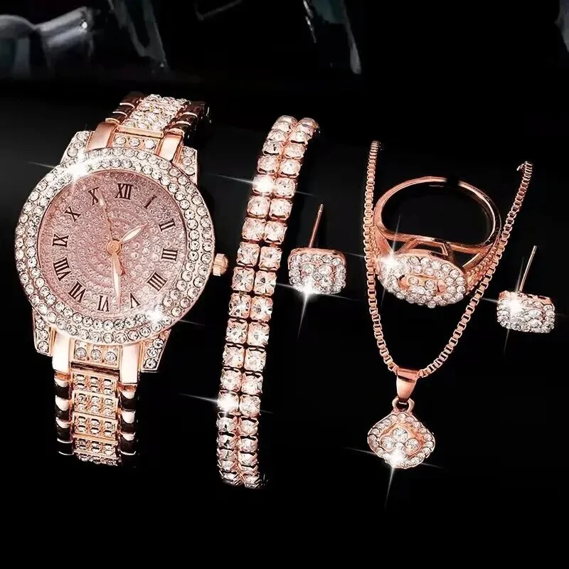 6 Pack Women\'s Watches Luxury Elegant Alloy Watches Women Crystal Watch Gift Quartz Watch Alloy Rhinestone Bracelet Montre