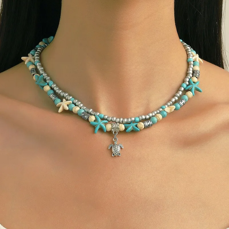 

Ins Summer Bohemian Style Turtle Pendant Starry Turquoise Girls Necklace Vintage Multi Layered Beach Boys Beaded Feet Chain