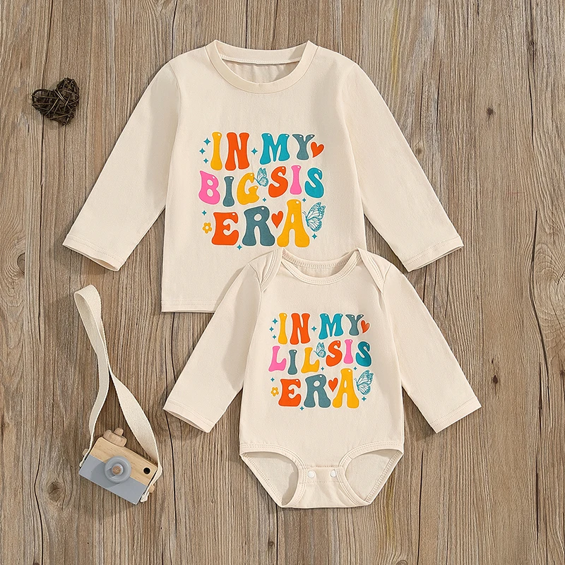 Sister Matching Outfits Letter Print Long Sleeve Round Neck Girl Sweatshirt Baby Romper