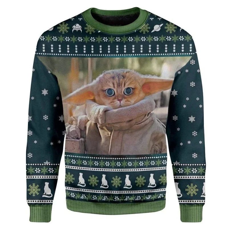 Lovely Cat Christmas Ugly Sweatshirt Men's Casual Festival Fashion Xmas Crewneck Sweater Cool 3D Printed Pussy Pattern Sweaters