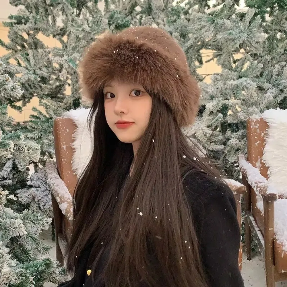 New Fluffy Fur Winter Hat Solid Color Plush Bucket Hat Thicken Cold Windproof Panama Cap Chrismas Gifts