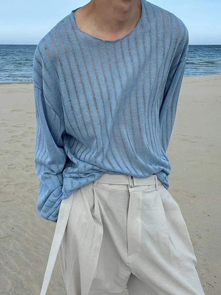 Mens Blue O Neck Hollowed Out Knitted Tops Long Sleeves T Shirt Casual Loose Fit Vertical Stripe Texture Pullover Male T Shirts