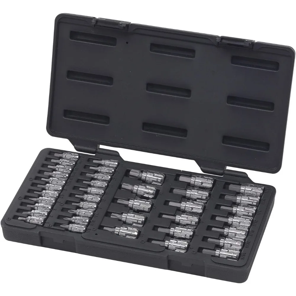 ชุดบิตซ็อกเก็ตแบบ Pass-Thru ขนาด 1/4 และ 3/8 นิ้ว ยี่ห้อ GEARWRENCH จำนวน 39 ชิ้น ประกอบด้วยหัวหกเหลี่ยมมาตรฐาน, หัวแบน, หัวแฉก และหัว Torx แบบ SAE และ