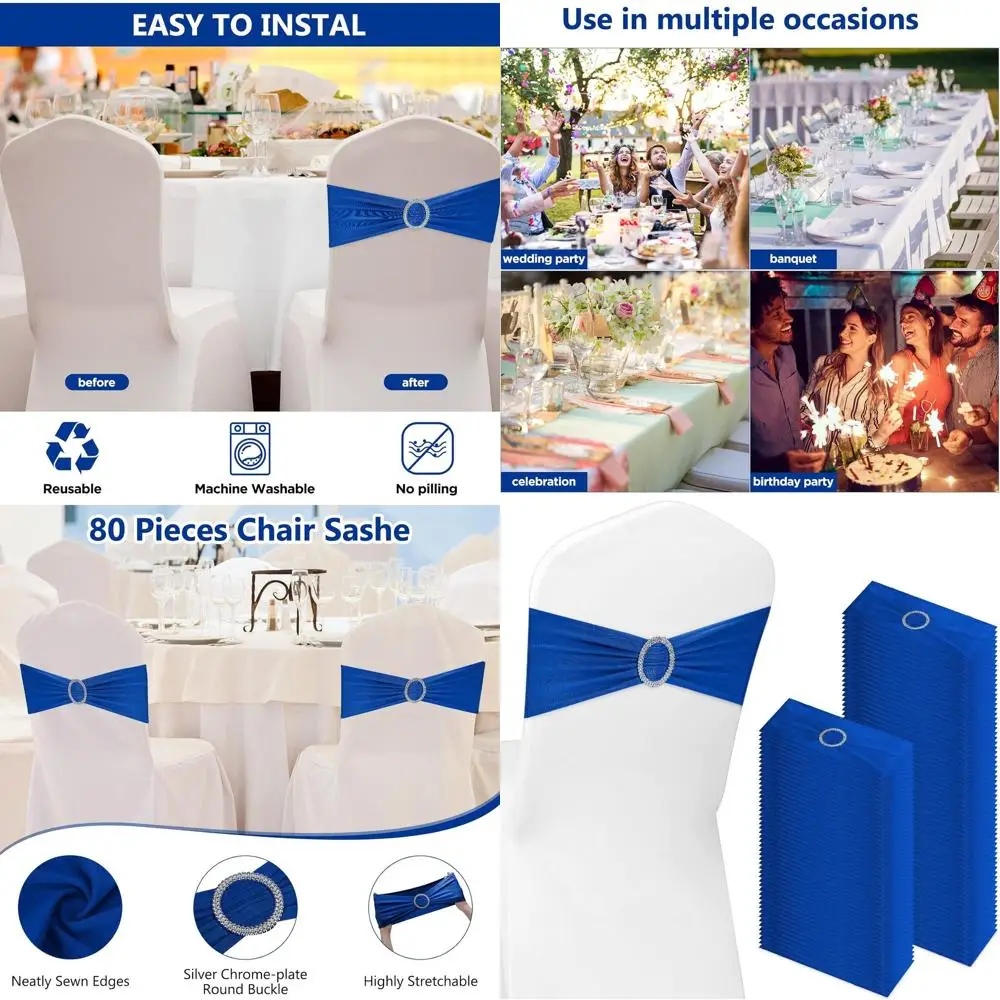 

Spandex Chair Sashes with Buckle Sliders - 150 Pack for Weddings, Parties, and Banquets (Blue)