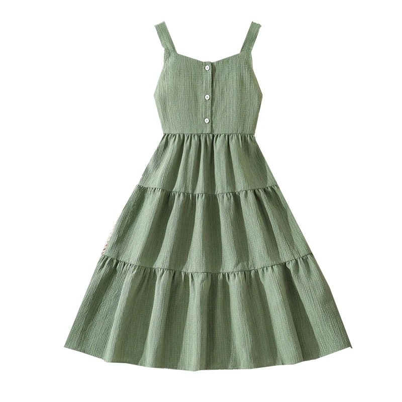 Girls 8-12 Green Summer Dress, Sleeveless Tiered Design with Back Bow & Elastic Waist, Casual Kids Wear