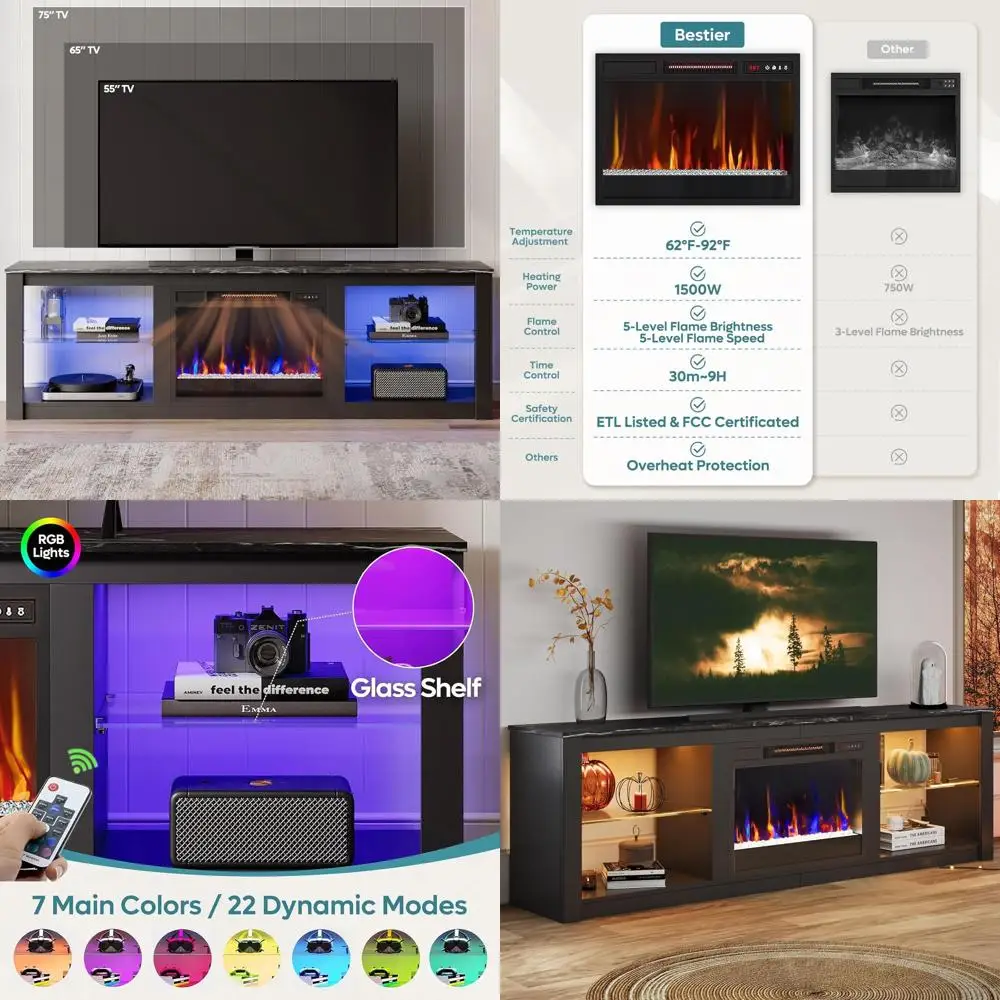 Marble 70-75 LED TV Stand with Electric Fireplace and Glass Shelves Entertainment Center