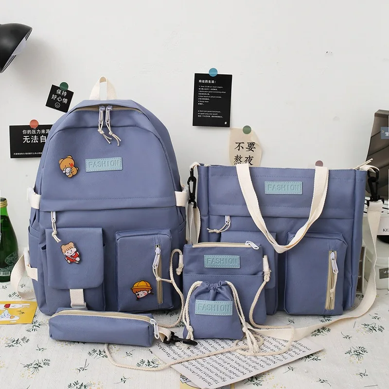 Dziewczęcy zestaw 5-częściowy w jednolitym kolorze, plecak szkolny w stylu koreańskim, duża pojemność, lekki, casualowy plecak dziecięcy, uniwersalny plecak.