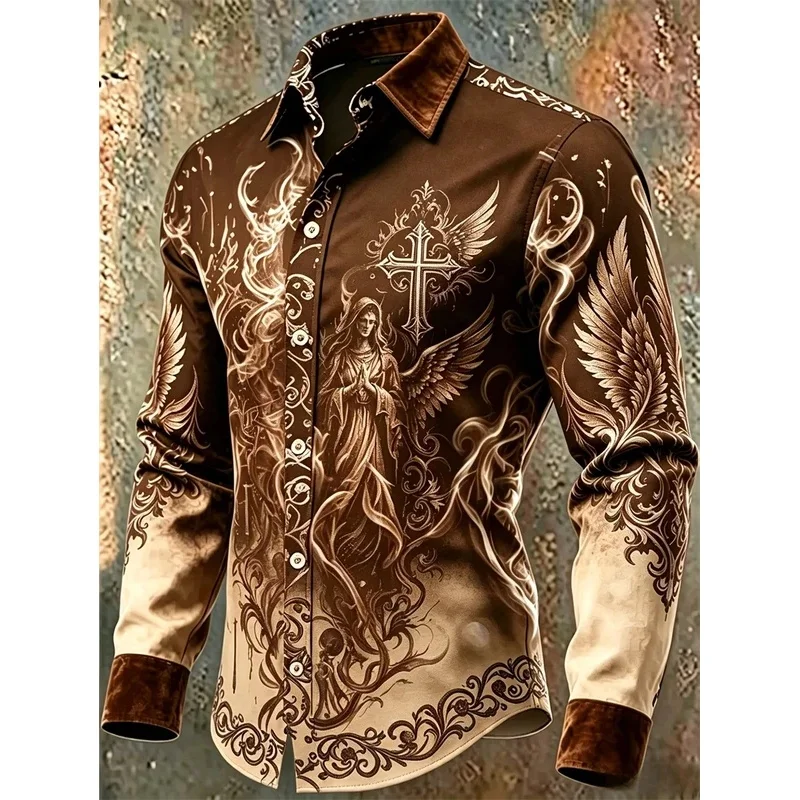 New Black Satin Wolf Head Rose Skull Print Men's Long Sleeved Shirt with Dark gothic Style Casual Shirt