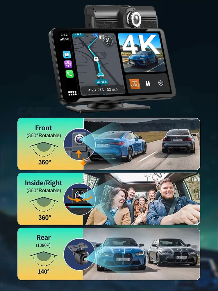 XIMA 7'' 4K Dash Cam Car Mirror Video Player Wireless Carplay Android Auto GPS Car Monitor Multimedia Rearview Camera Dashboard