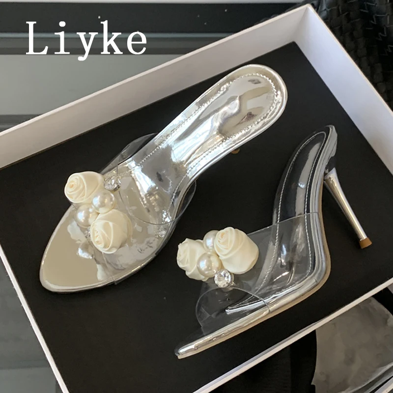 

Liyke Sexy Silver High Heels Transparent Slippers For Women Fashion Pearl Flower Designer Sandal Female Mules Slides Shoes Pumps